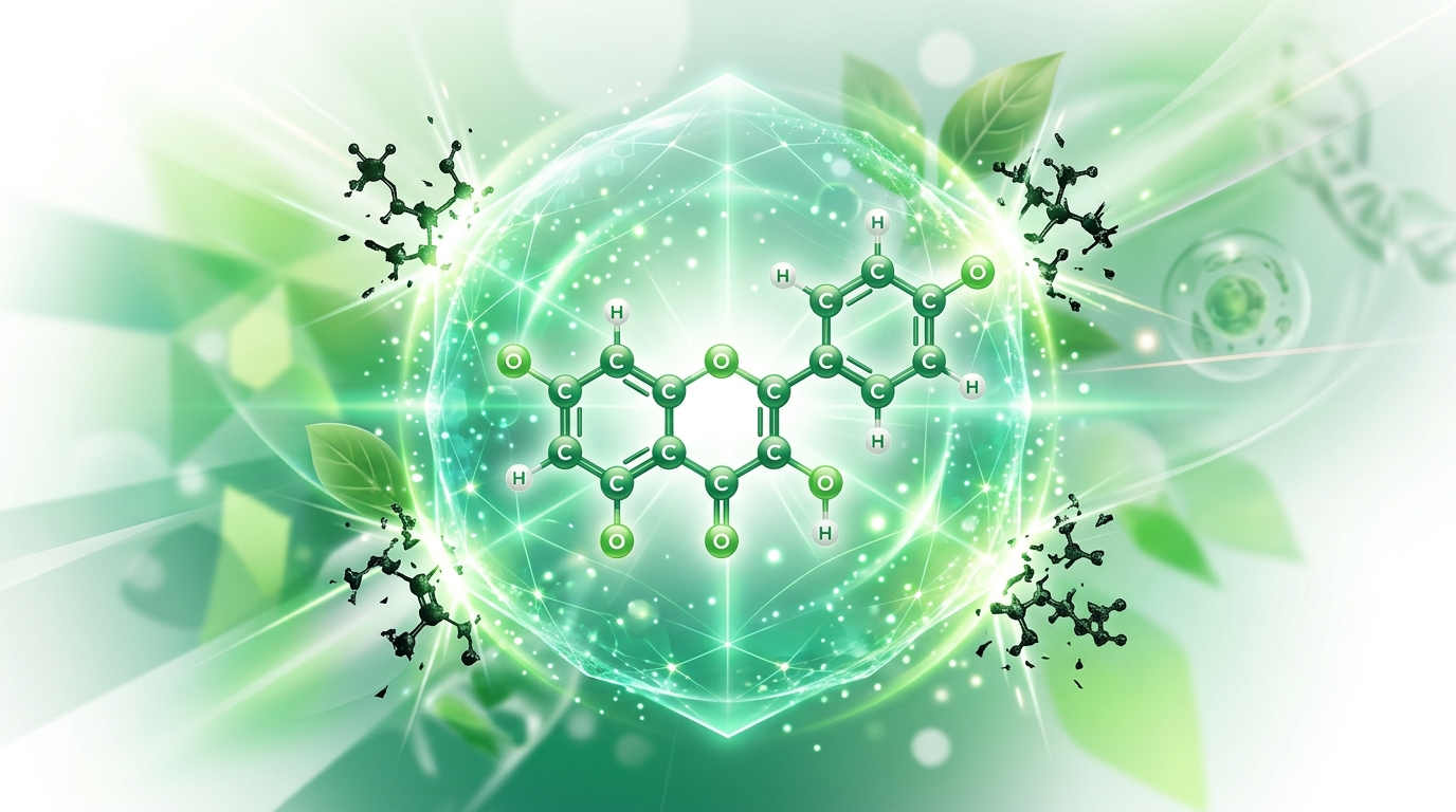 Quercetin flavonoid molecule with antioxidant shield concept
