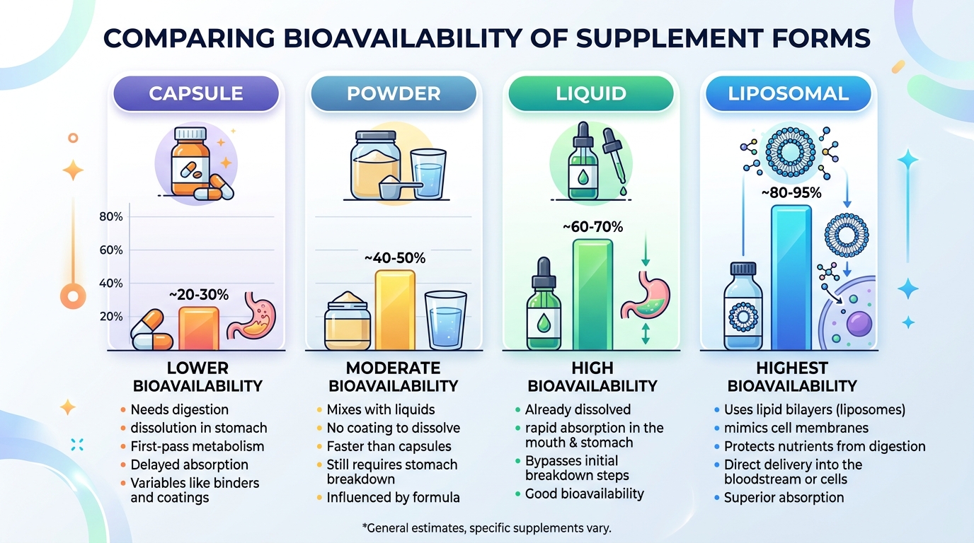 Comparing bioavailability of supplement forms: capsule vs powder vs liquid vs liposomal delivery