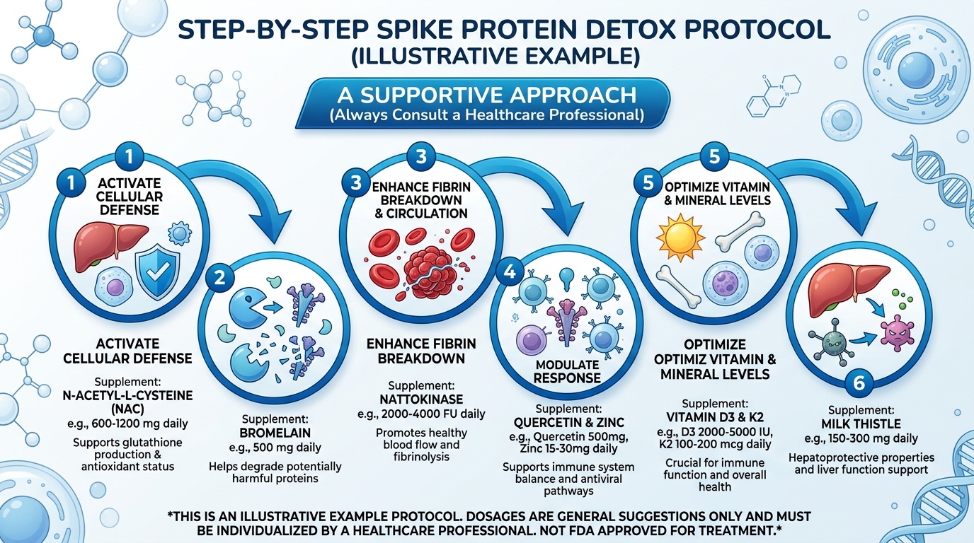 Step-by-step spike protein detox protocol infographic showing 6 supplement stages with dosages