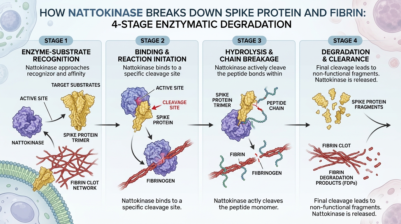 Scientific diagram showing how nattokinase breaks down spike protein and fibrin in 4 enzymatic stages