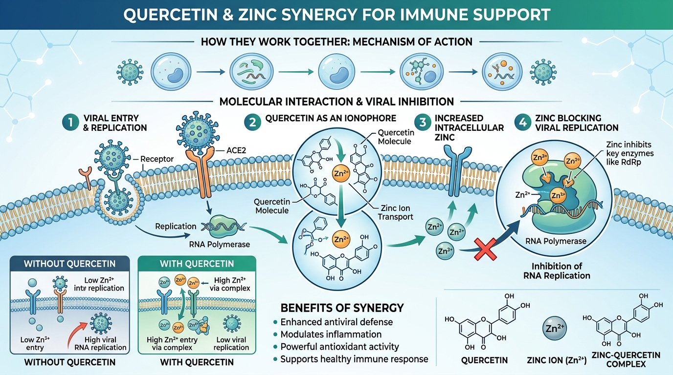 Infographic showing quercetin and zinc synergy for immune support and viral inhibition mechanism