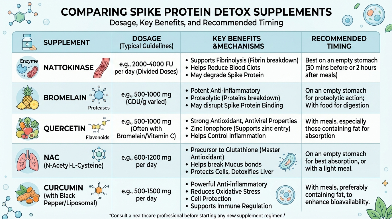 Comparison chart of spike protein detox supplements including nattokinase, bromelain, quercetin, NAC, and curcumin with dosages and benefits