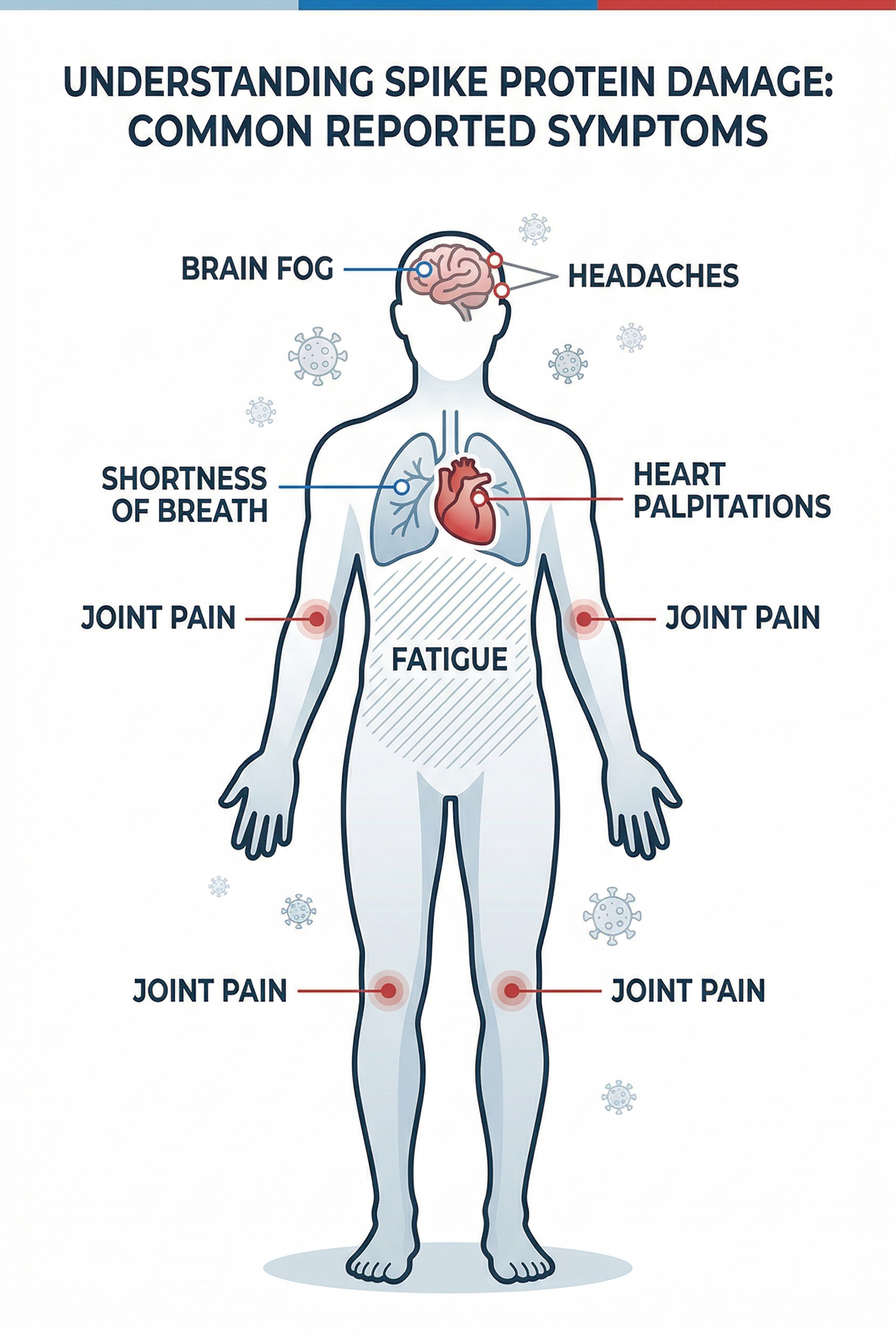Human body diagram showing spike protein symptom locations: brain fog at head, heart palpitations at chest, fatigue full body, joint pain at knees, shortness of breath at lungs